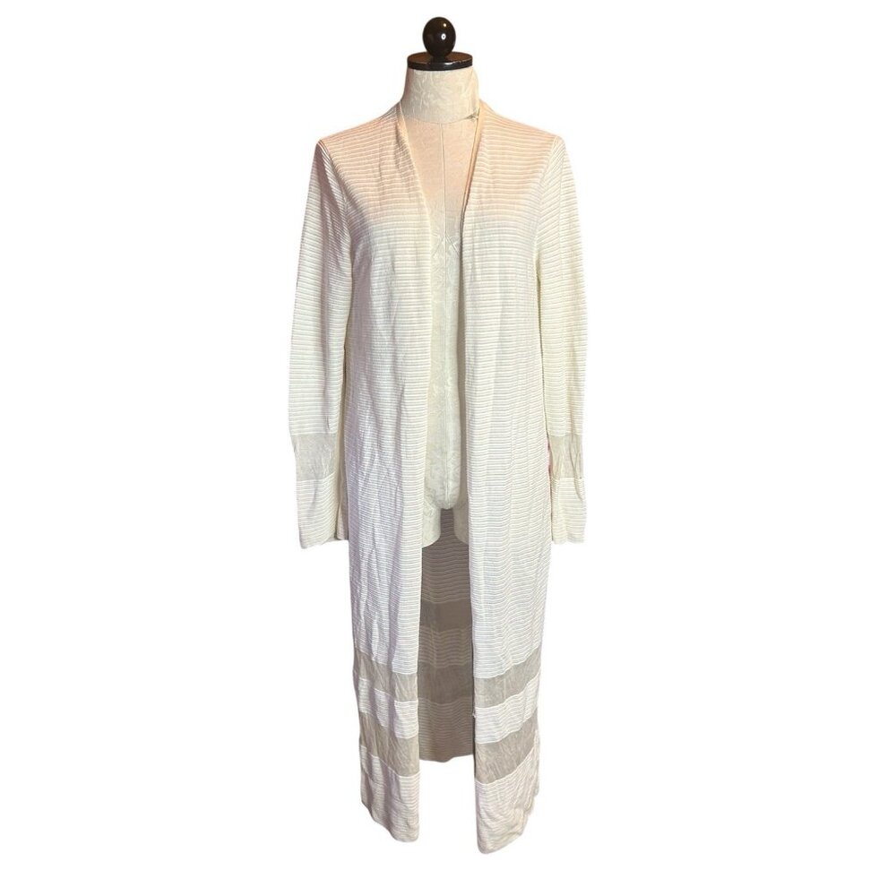 Lafayette 148 Open Front Striped Cardigan Duster Cotton Silk Lightweight Ivory M